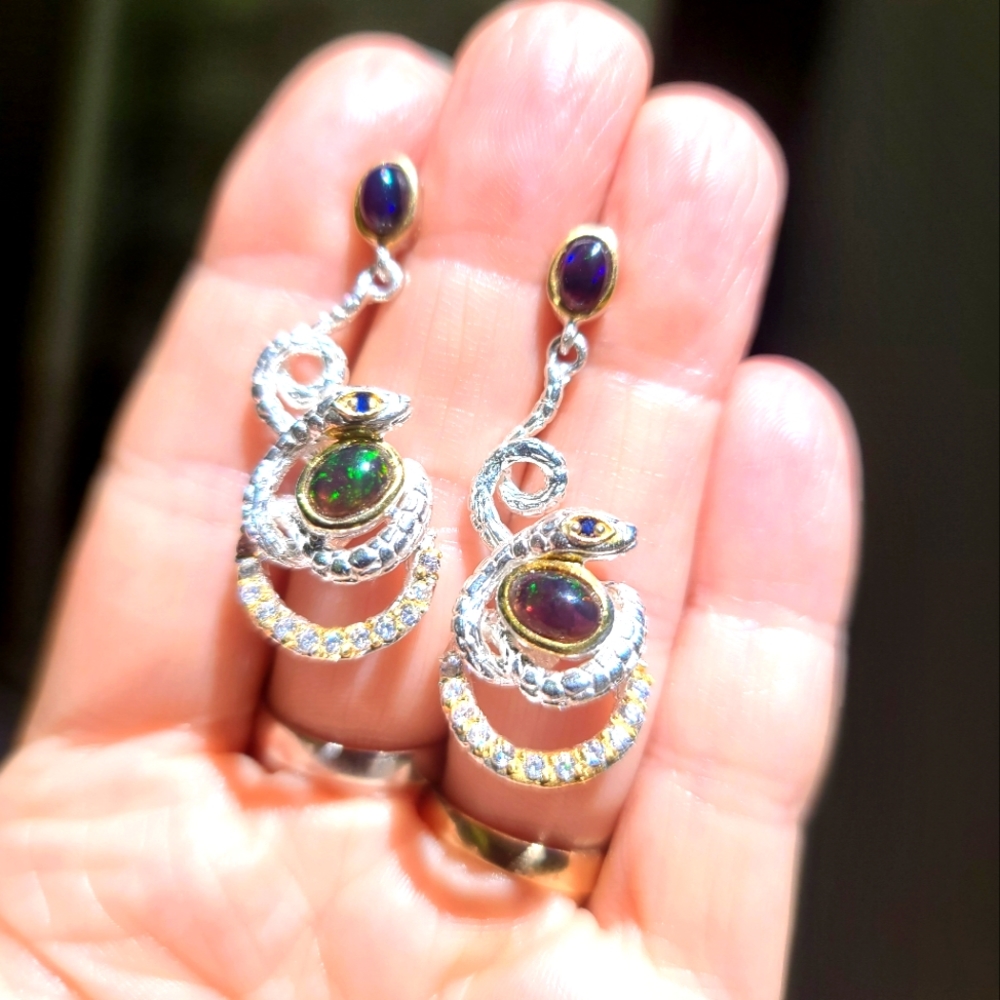 Black Opal sapphire &Topaz Sterling &Gold serpent 🐍 earrings